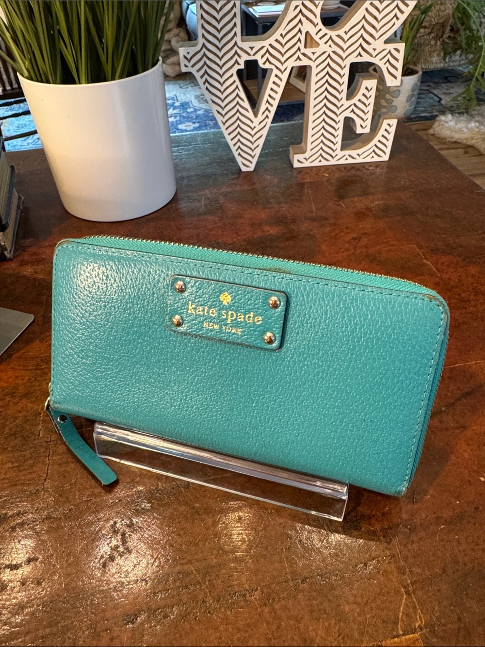 💕kate spade Teal Zip-Around Leather Wallet with Gold Plate